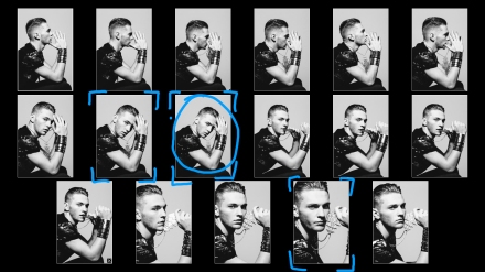 Contact sheet of photographs from a menswear fashion shoot. homme